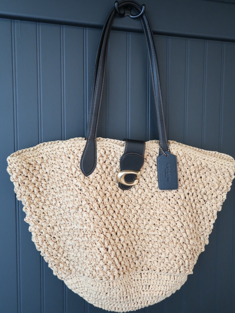 Coach Large Straw Tote with Black Leather Handles and Gold Hardware
